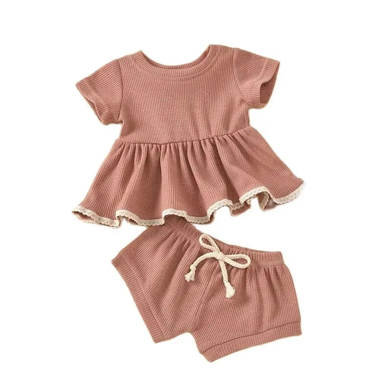 Summer Newborn Baby Girl Set Cotton linen Solid O-neck Short Sleeve Ruffles T-shirt Shorts Suit Infant Clothes Outfit