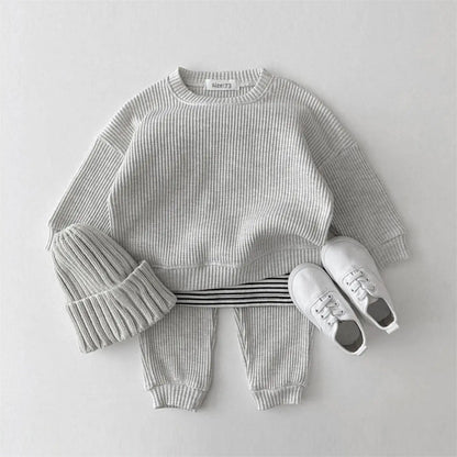 Waffle Cotton Kids Loose Tracksuit Pullovers Tops+Pants 2PCS Set