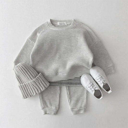 Waffle Cotton Kids Loose Tracksuit Pullovers Tops+Pants 2PCS Set