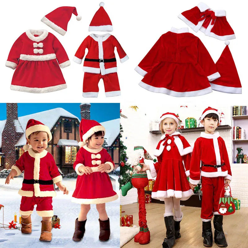 New Year Christmas Costume Kids Baby Clothing Sets Winter Fleece Tops+Pants+Hats Boys Girls Children Clothes Santa Claus Outfit