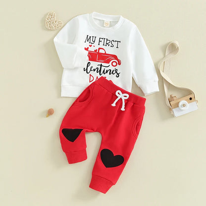 My First Valentines Day Truck Sweatshirt Pants Cute Outfits Set