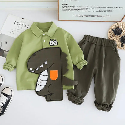 Cotton Sport Patchwork Dinosaur Shirt+  Jeans 2Pcs/Set
