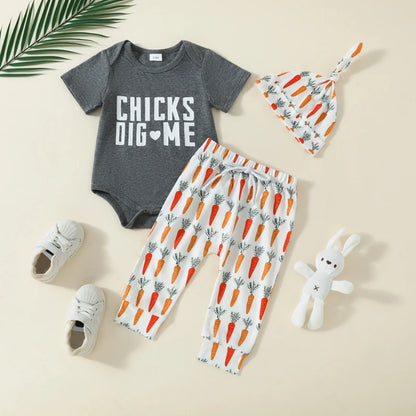 3 Piece Set: Short Sleeve Letter Print Romper with Carrot Pants and Hat