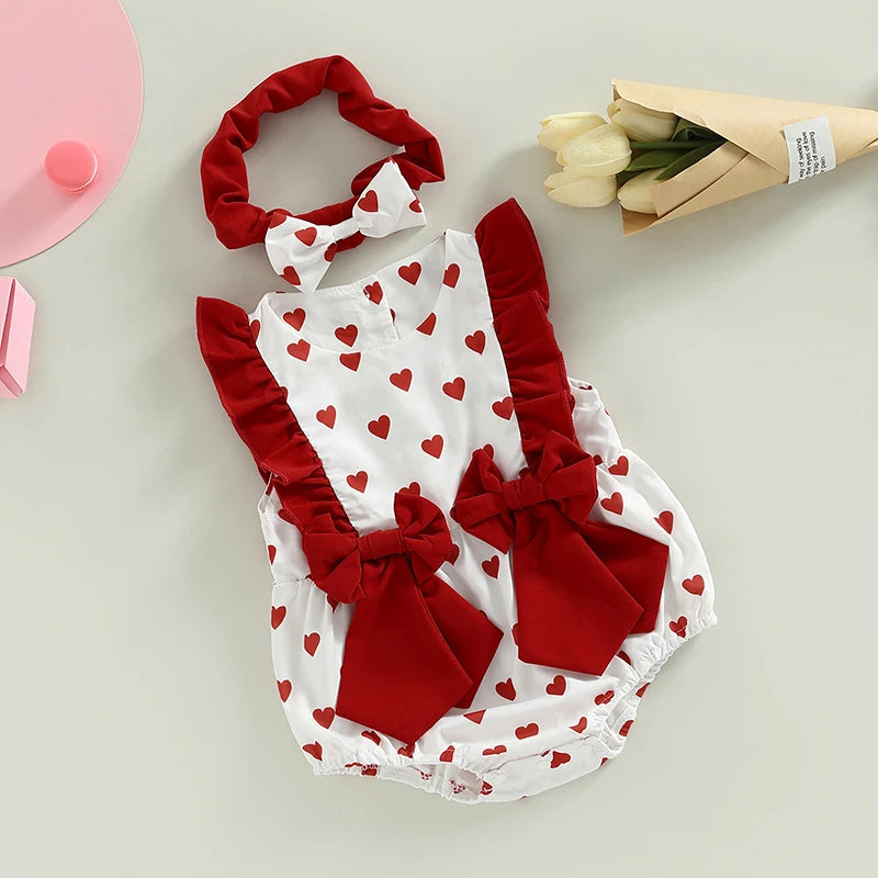 Sleeveless Bow Front Heart Print Romper with Headband