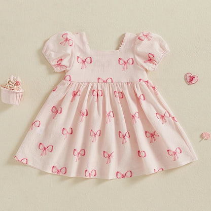 Girls Dress Bowknot Print Sqaure Neck Short Sleeve Casual Dress