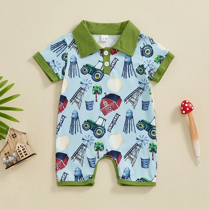 Short Sleeve Lapel Western Elements Print Jumpsuit