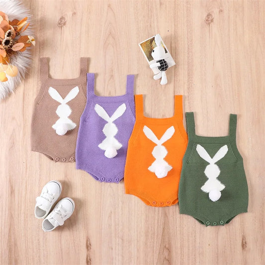 Bunny Print Square Neck Sleeveless Knit Rompers