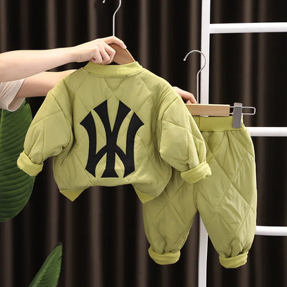 Kids Designer Luxury Clothes Winter 2023 Fashion Thickened Boys Letter Cotton Coats + Pants Suit Set Children's Christmas Outfit