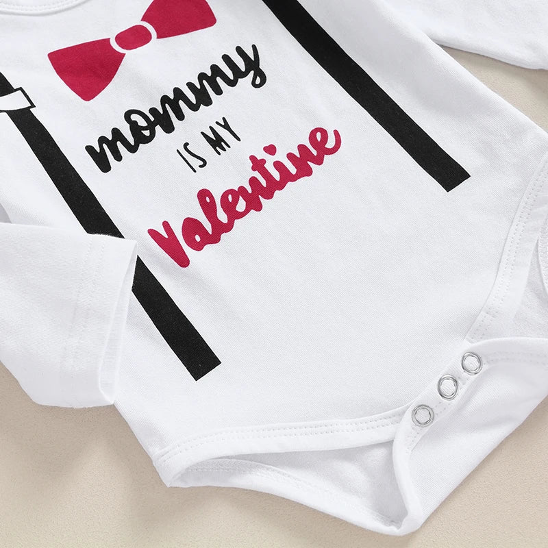 Baby Boy Valentine s Day Clothes Letter Bow Print Long Sleeve Romper with Pants and Hat Outfit