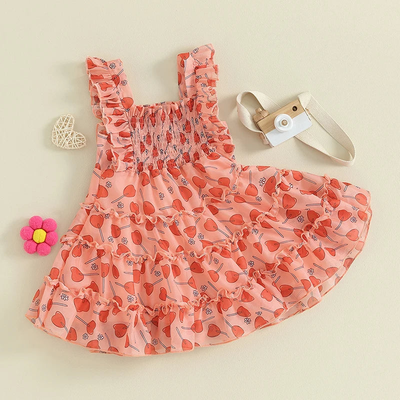 Heart Print Ruched Sleeveless Sundress Toddler Girl Casual Dress