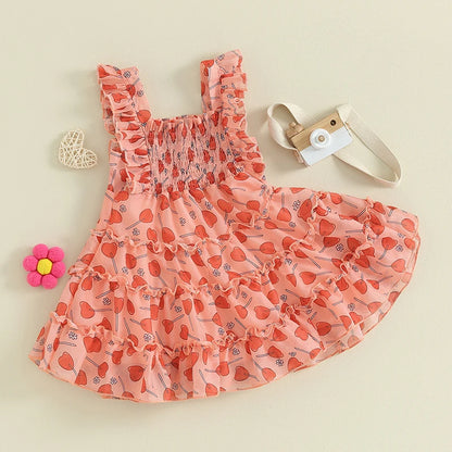 Heart Print Ruched Sleeveless Sundress Toddler Girl Casual Dress