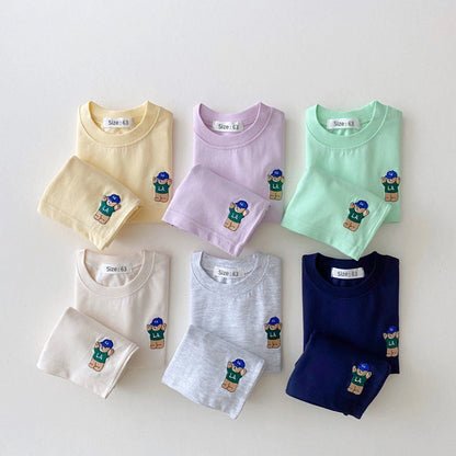 Top and Bottom Set Bear Embroidery Thin Casual Sports Outfit
