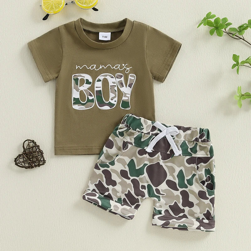 Boys Summer Shorts Sets Short Sleeve Letter Print Tops and Camouflage Shorts Sets