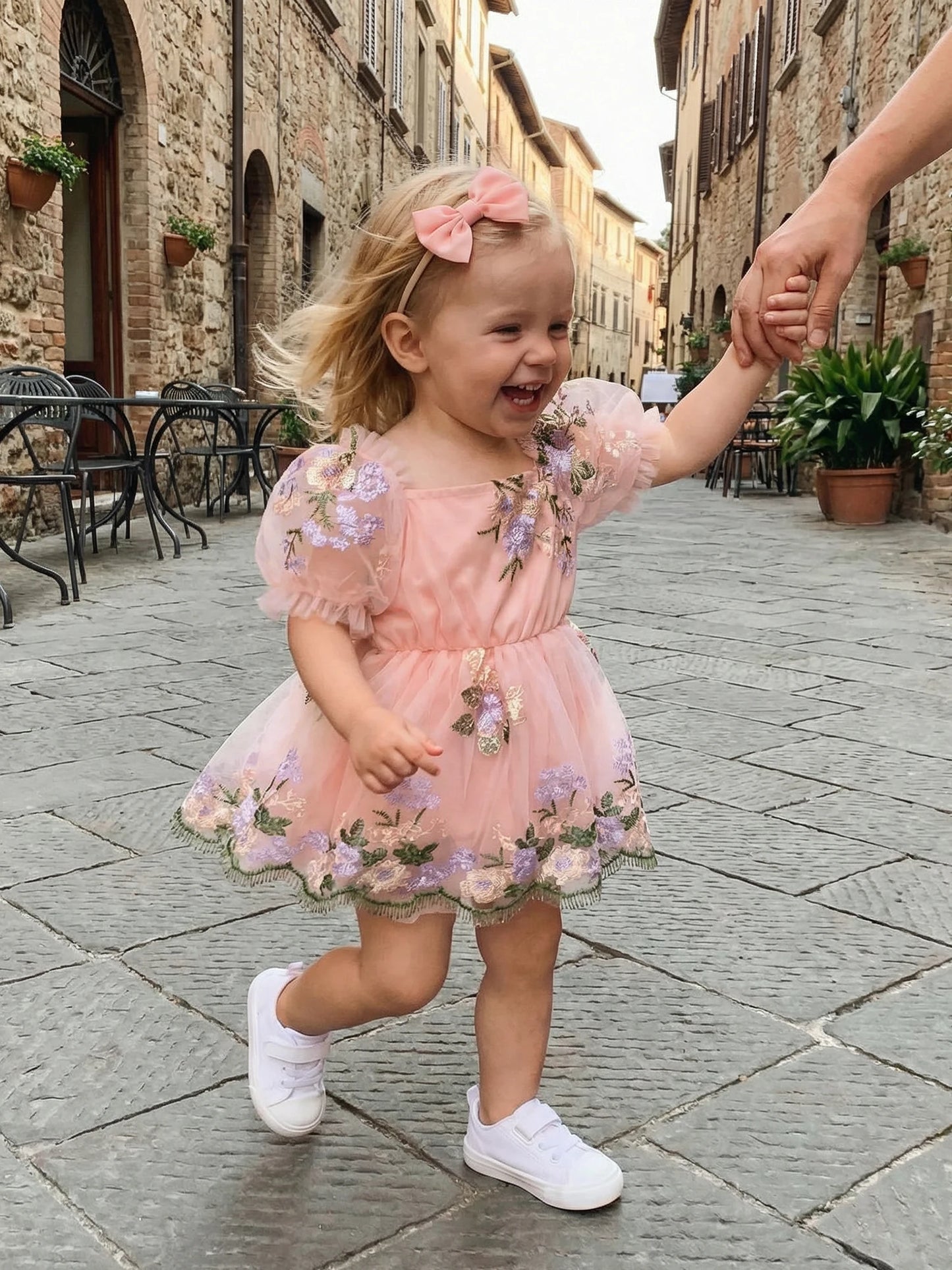 Baby Girl Summer Outfits Flower Embroidered Mesh Short Sleeve Romper Dress and Bow Headband 2 Pcs Set 0-24M