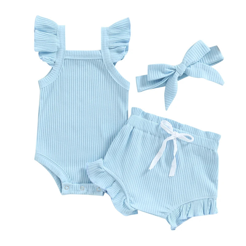 Girls 3Pcs Summer short sleeve top and ruffled shorts