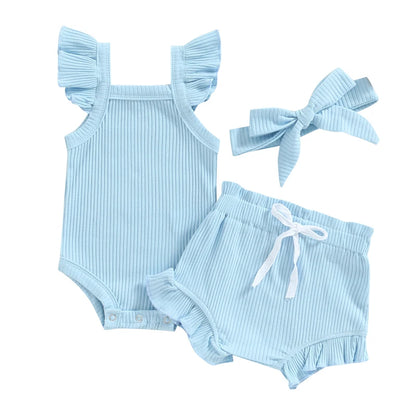 Girls 3Pcs Summer short sleeve top and ruffled shorts
