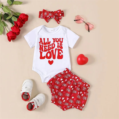 "All You Need Is Love" Short Sleeve Romper Shorts Set Headband Summer Clothes