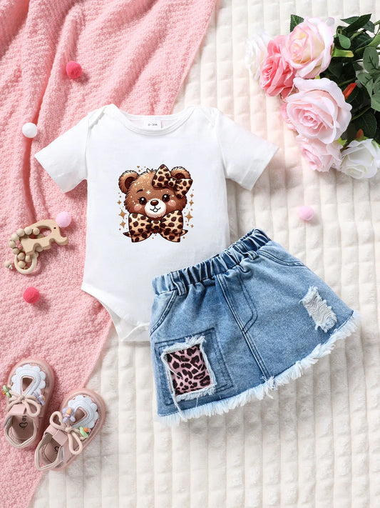 Summer Baby Girl Outfit Set with Bear And Leopard Print Butterfly Knot