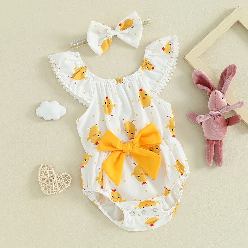 Sleeveless Crew Neck Chick Print Romper with Hairband
