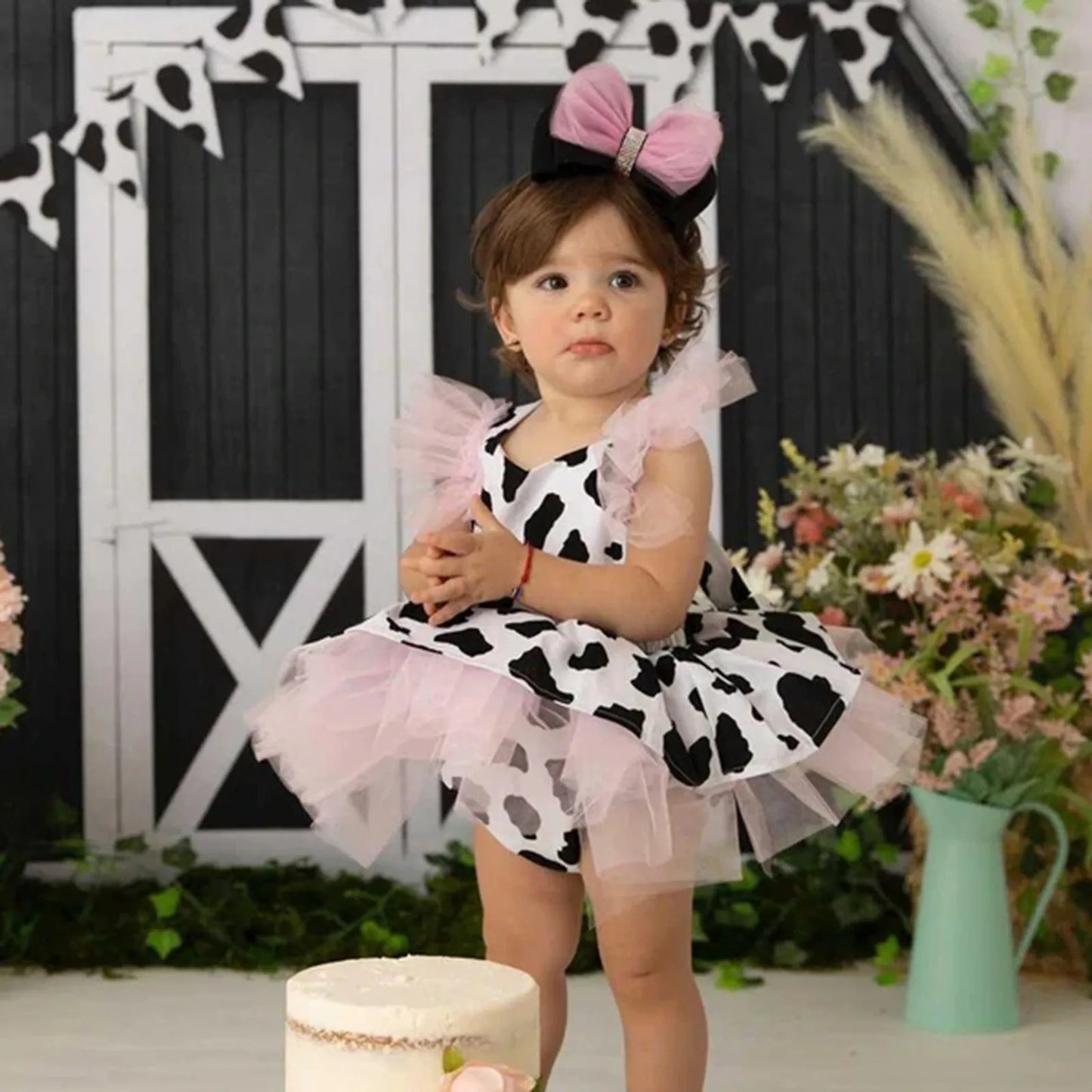 Girls Romper Dress Headband Sets Cow Print