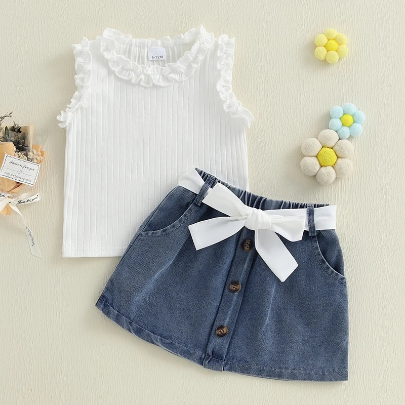Solid Color Ruffles Tank Tops and Button Denim Skirt with Belt Set