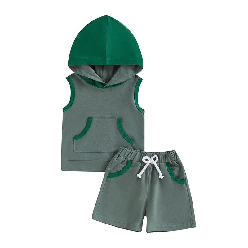 Baby Boy Shorts Set Contrast Color Sleeveless Hooded Tank Tops Elastic Waist Shorts
