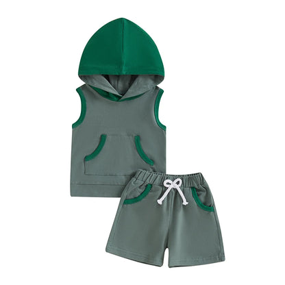 Baby Boy Shorts Set Contrast Color Sleeveless Hooded Tank Tops Elastic Waist Shorts
