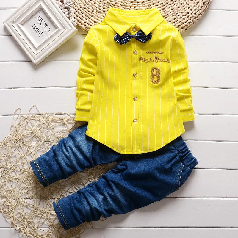 Casual Bow Tie Shirt+Pants 2pcs Sets  Denim Outfits