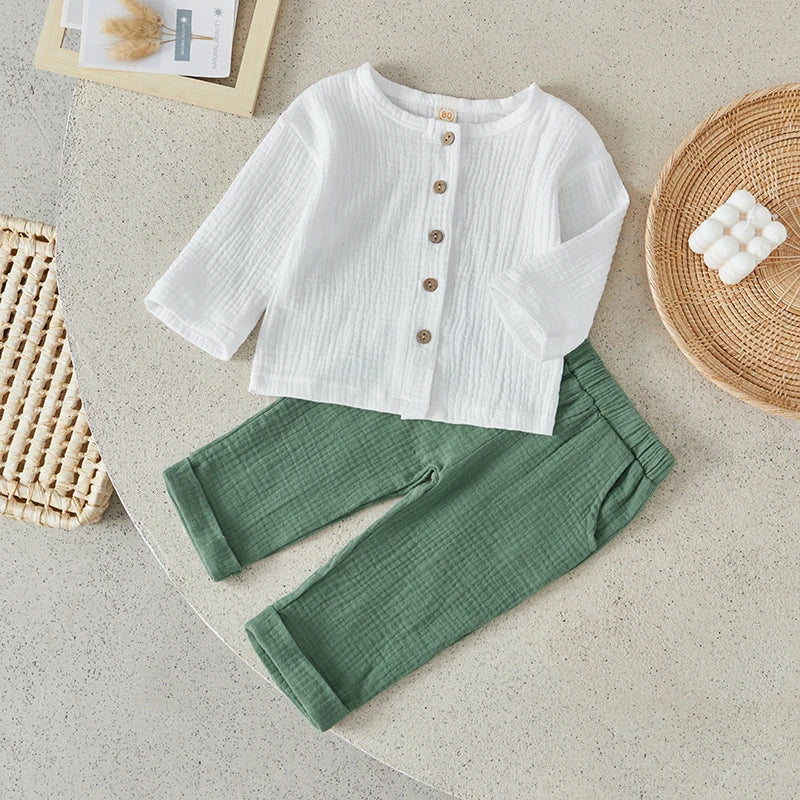 Suefunskry Toddler Boys Spring Fall 2Pcs Outfit Long Sleeve Single-breasted O-Neck Tops and Solid Color Pants Casual Set 6Months