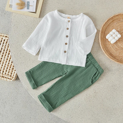 Suefunskry Toddler Boys Spring Fall 2Pcs Outfit Long Sleeve Single-breasted O-Neck Tops and Solid Color Pants Casual Set 6Months