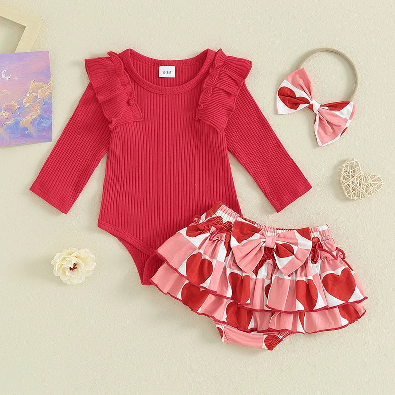 2023-11-03 Lioraitiin 0-18M Newborn Baby Girl Valentines Day Outfit Knit Ribbed Ruffle Romper Layered Tutu Shorts Set 3Pcs