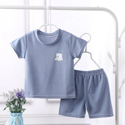 1-7Y Baby Boy Clothes Set Summer Breathe Ice Silk Toddler Girl Outfit Tops+Pant 2Pcs Sleepwear Suit Kid Children Clothes A1070