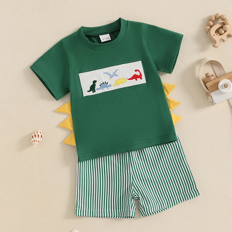 Whale/Dinosaur/Turtle Short Sleeve T-shirts  and Striped Elastic Waist Shorts