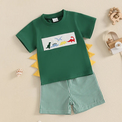 Whale/Dinosaur/Turtle Short Sleeve T-shirts  and Striped Elastic Waist Shorts
