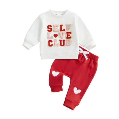 Boys/ Girls Valentines Outfit Letter Embroidery Long Sleeve Sweatshirt and Heart Print Pants