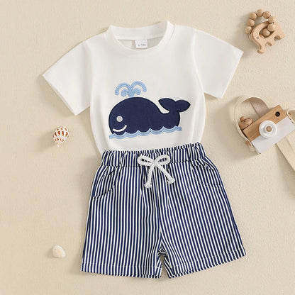 Whale/Dinosaur/Turtle Short Sleeve T-shirts  and Striped Elastic Waist Shorts