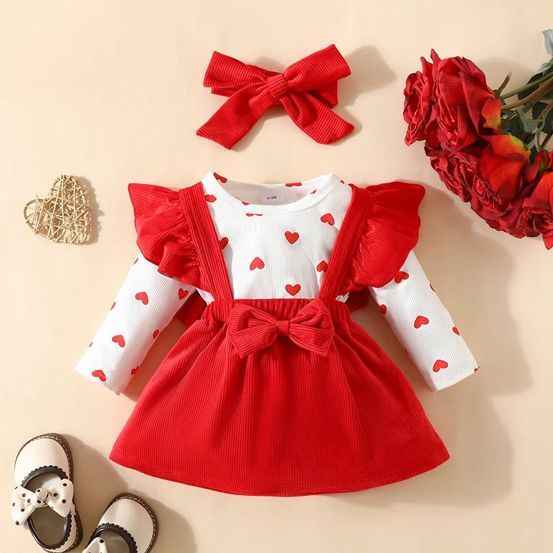 Baby Girl Valentine Day Clothes Heart Print Long Sleeve Romper with Suspender Skirt and Bow Headband