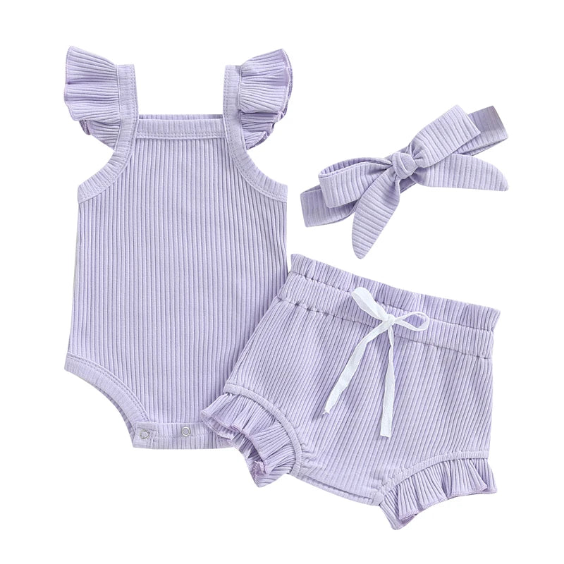 Girls 3Pcs Summer short sleeve top and ruffled shorts
