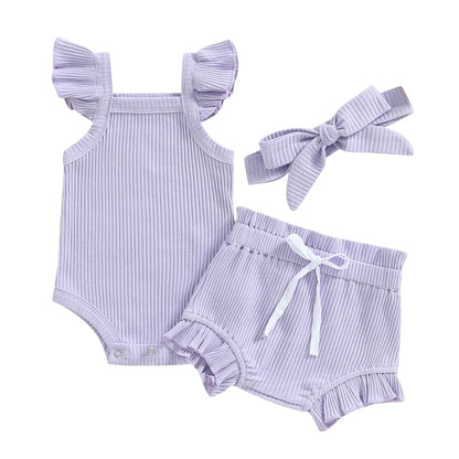 Girls 3Pcs Summer short sleeve top and ruffled shorts
