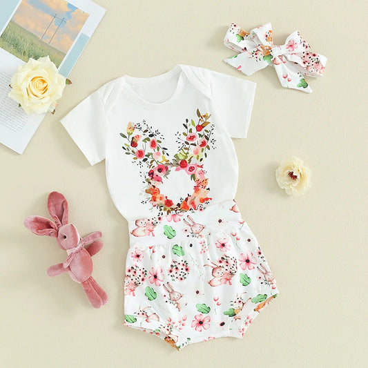 Letter Romper and Bunny Shorts Set with Headband