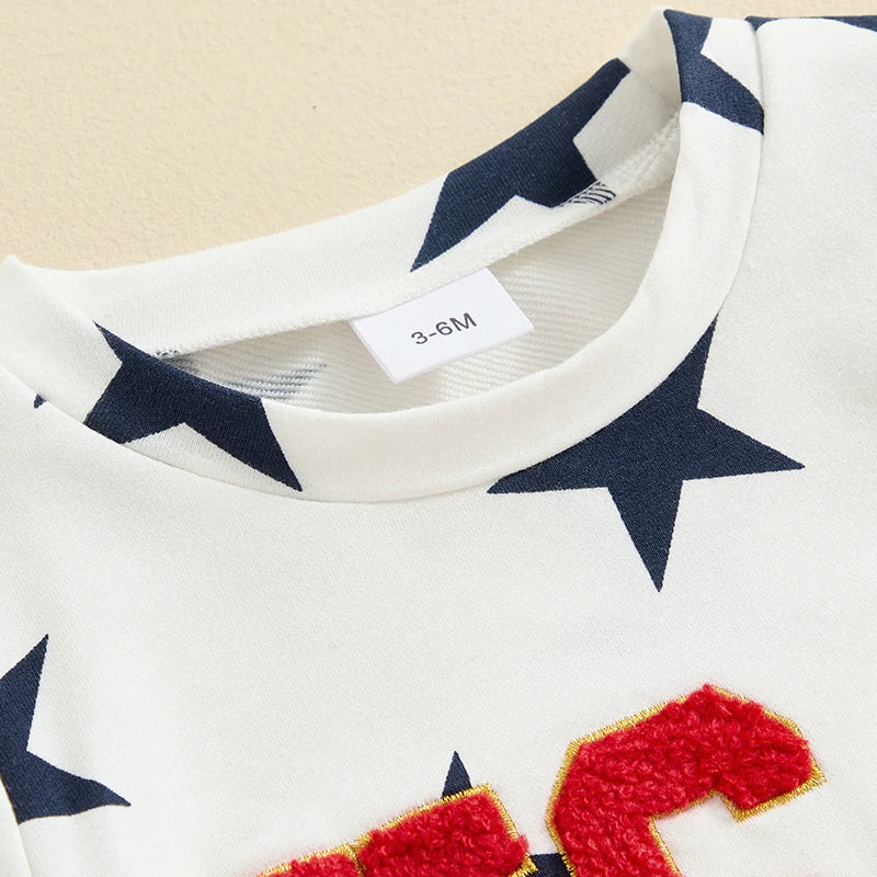 Boys 4th of July Short Sleeve Embroidery Letters T-shirt with Stars Print + Shorts Outfit