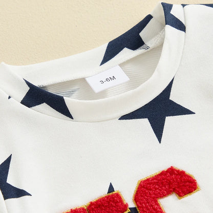 Boys 4th of July Short Sleeve Embroidery Letters T-shirt with Stars Print + Shorts Outfit