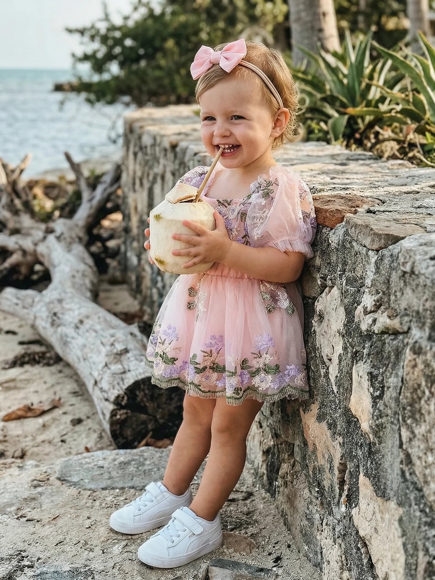 Baby Girl Summer Outfits Flower Embroidered Mesh Short Sleeve Romper Dress and Bow Headband 2 Pcs Set 0-24M