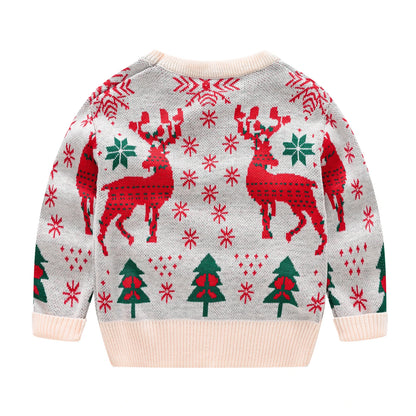 Festive Christmas Kids Sweater - Adorable Elk Print Crew Neck Knitwear