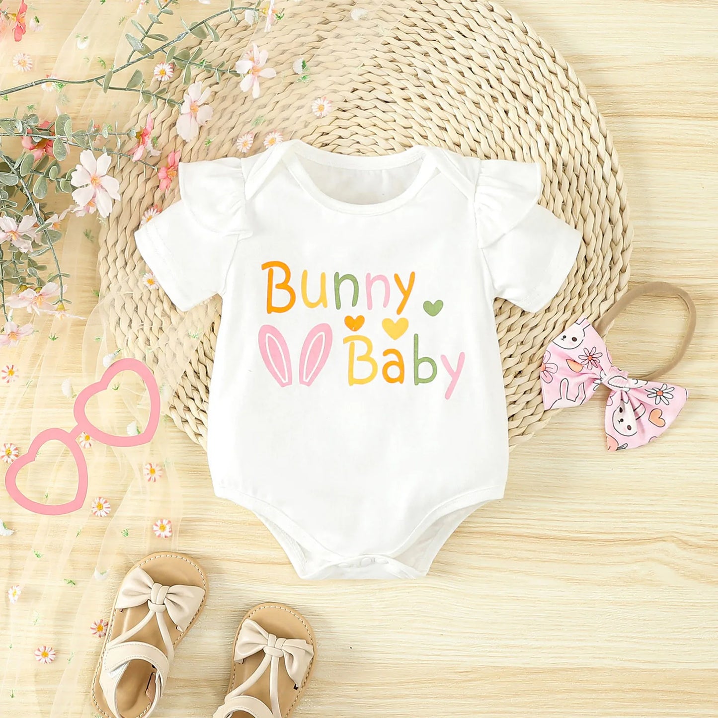 Short Sleeve Letter Print Romper Bodysuit with Shorts and Headband