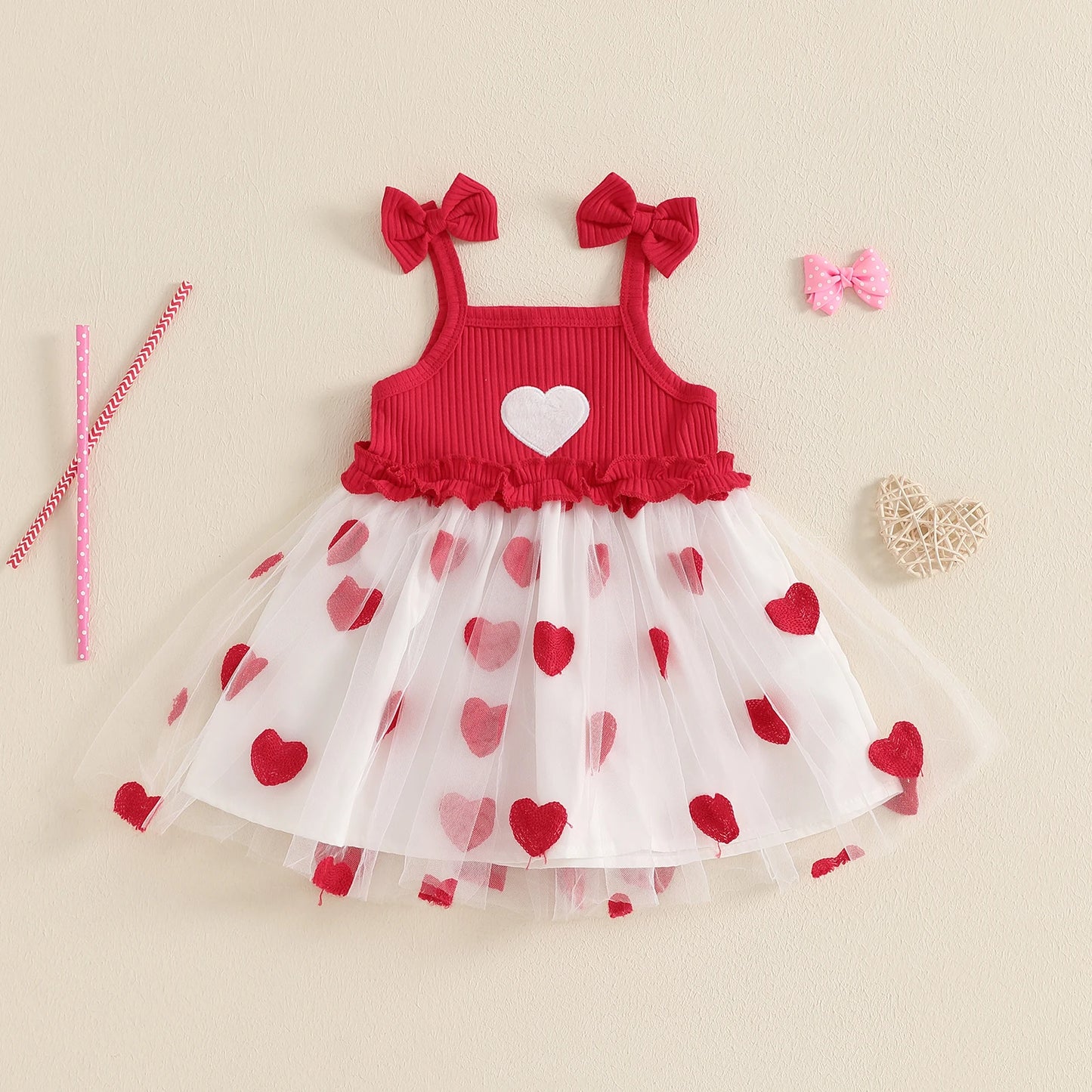 Heart Embroidery Square Neck Tulle Mesh Valentines Day dress