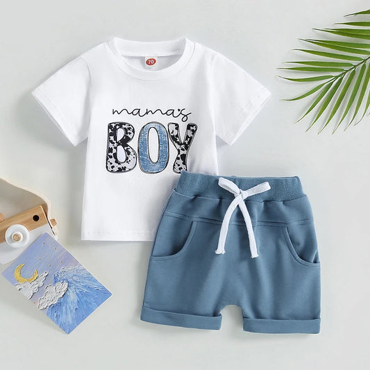 Short Sleeve Letter Print T-shirt  and Elastic Waist Drawstring Shorts