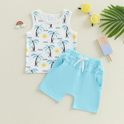 Boy Outfits Beach/Baseball Print Sleeveless Tank Tops and Elastic Shorts Set