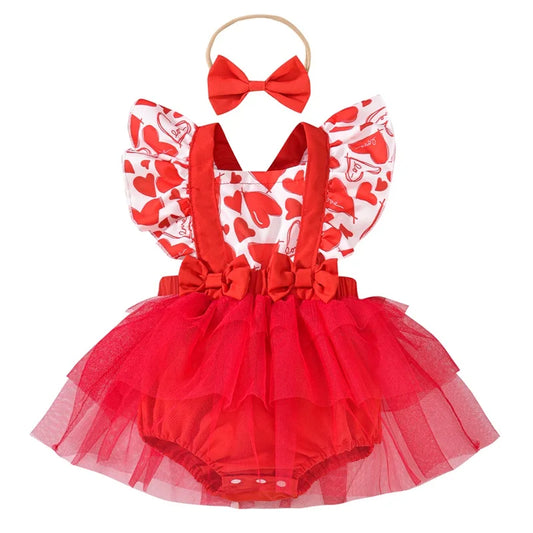 Valentine’s Day Outfits Ruffle Sleeveless Heart Print Romper Dress with Headband Set