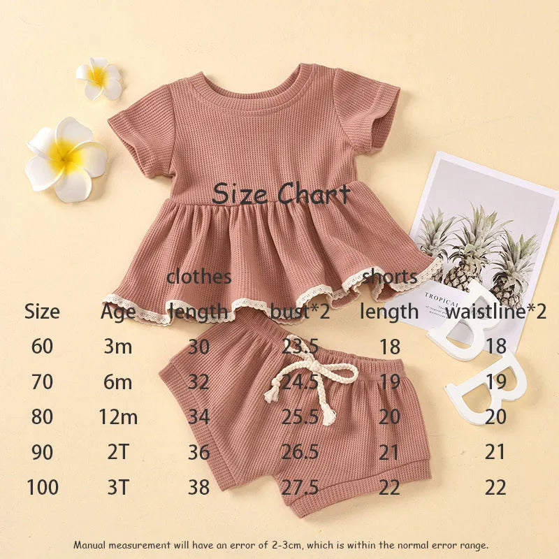 Summer Newborn Baby Girl Set Cotton linen Solid O-neck Short Sleeve Ruffles T-shirt Shorts Suit Infant Clothes Outfit